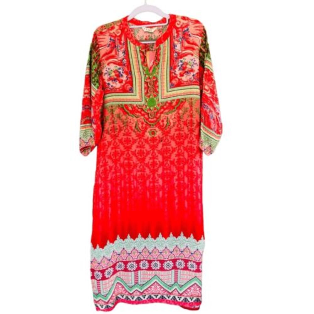 NEW Lagi Red Floral Liva Fabric Relaxed Fit Kurta Kurti Tunic Dress ‎ SZ M